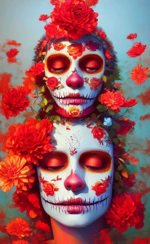 Image similar to a red oil painting hyperrealism of a beautiful woman, flowers, dia de los muertos makeup, floral headdress, 8 k resolution, octane render, trending on artstation, by gediminas pranckevicius, volumetric light 2 blue fractal thunder glow by dan mumford, anaglyph effect, laurie lipton