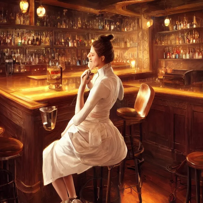 Image similar to a waitress singing on a table in a bar, elegant, real life skin, intricate artwork, high detailed, artstation, concept art, smooth, sharp focus, art by artgerm and greg rutkowski