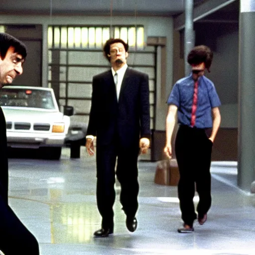 Prompt: a film still of mr bean in resevoir dogs ( 1 9 9 2 )