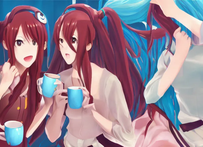 Prompt: An anime-style digital painting of anime girl Hatsune Miku and anime girl Makise Kurisu drinking a cup of tea, cgi render, trending on ArtStation, pixiv, detailed