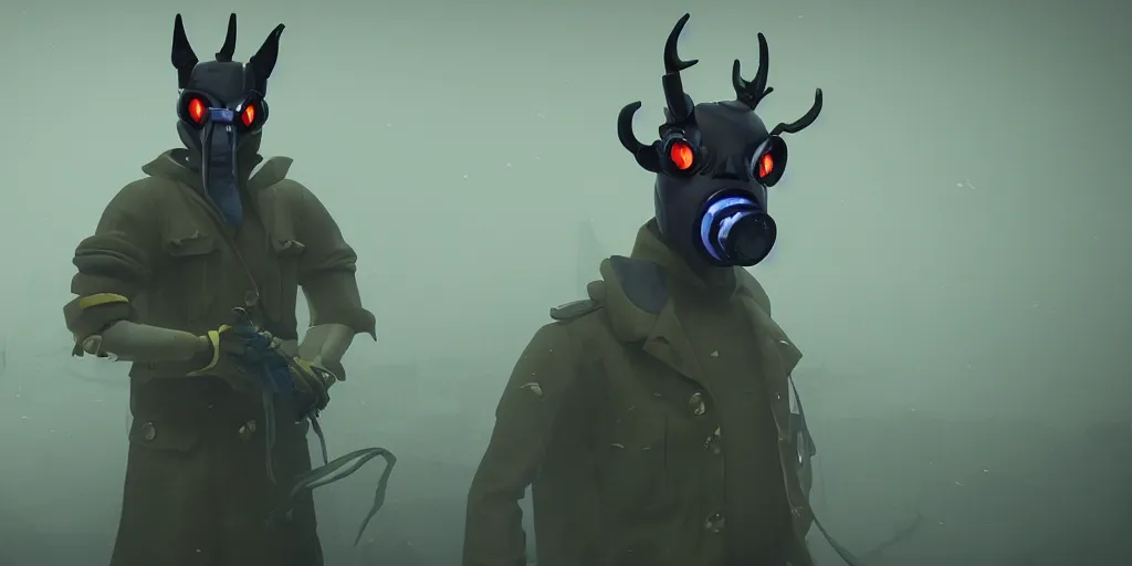 Image similar to a beautifully strange image of a gamekeeper wearing a dieselpunk mechanical fluorescent mystical animal mask. walking in the misty, dangerous river. in style of fornite game. award winning. dramatic. trending on artstation. high quality. rendered by beeple, by makoto shinkai, syd meade, digital art, unreal engine 5, fornite game. octane render