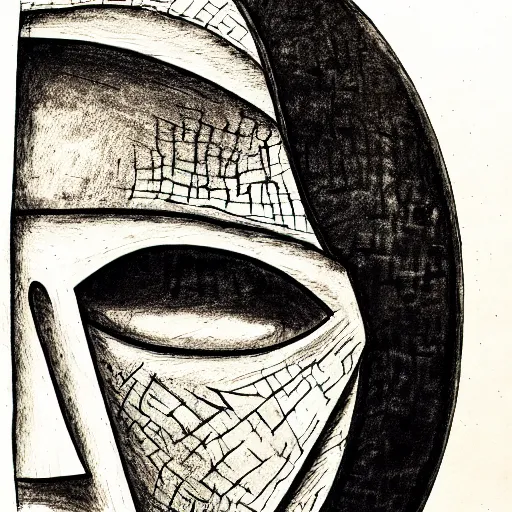 Prompt: an ink drawing of an old dilapidated drama mask, cracked, elaborate detail, shape of a circle, circular shape, white background