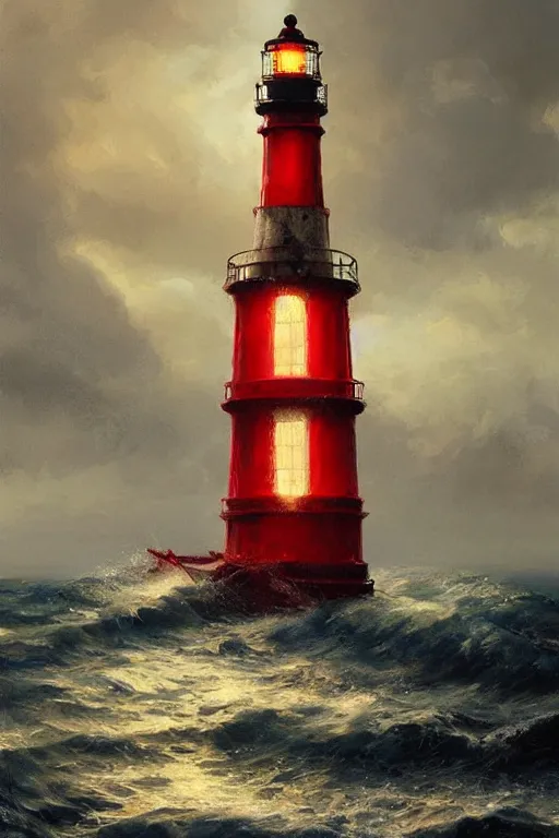 Image similar to imagine a ship in a bottle but instead of a ship a red and white lighthouse is in the bottle, fancy whiskey bottle, masterpiece painting by greg rutkowski and ruan jia