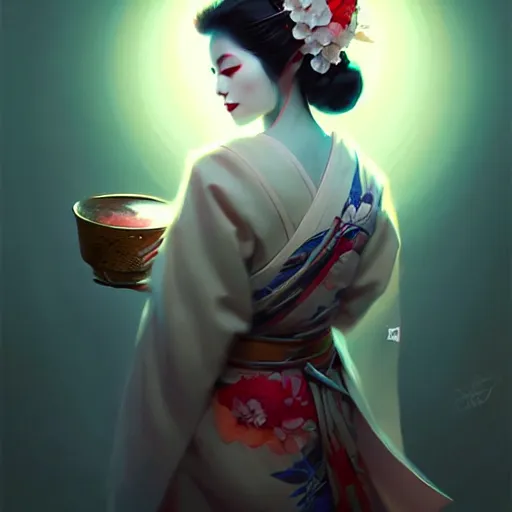 Image similar to pretty geisha, d & d digital painting, ultra realistic, beautiful, volumetric lighting, cell shading, by james jean, greg rutkowski, wlop