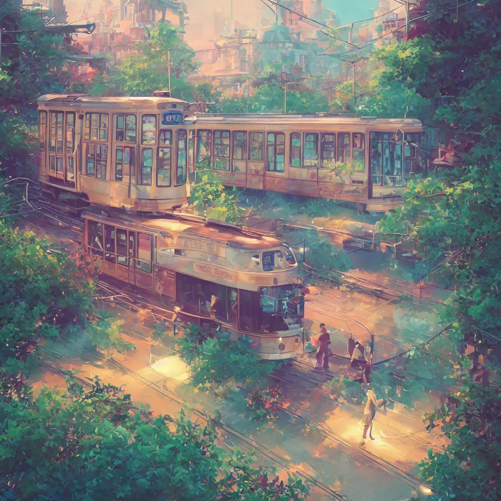 Image similar to a streetcar is running on the chromatic sea composed of colorful pearls and shells, unreal engine, fantasy art by greg, loish, rhads, ferdinand knab, makoto shinkai and lois van baarle, ilya kuvshinov, rossdraws, tom bagshaw, radiant light, trending onstudio ghibli, highly detailed, octane render, 8 k