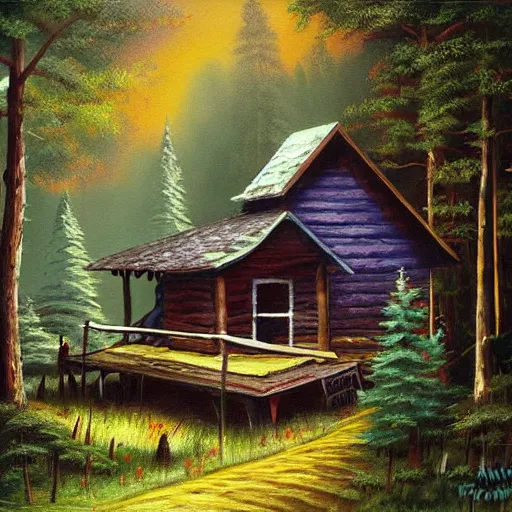 Prompt: a painting of a cabin in the woods, an airbrush painting by bob ross, deviantart, american scene painting, matte drawing, bob ross, matte painting