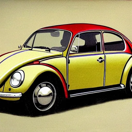 Prompt: painting of a 1970 vw beetle painted by leonardo da vinci