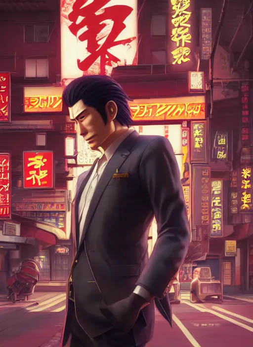 Image similar to highly detailed portrait of yakuza 0's kazuma kiryu, stephen bliss, unreal engine, greg rutkowski, loish, rhads, beeple, makoto shinkai and lois van baarle, ilya kuvshinov, rossdraws, tom bagshaw, tom whalen, alphonse mucha, global illumination, god rays, detailed and intricate environment