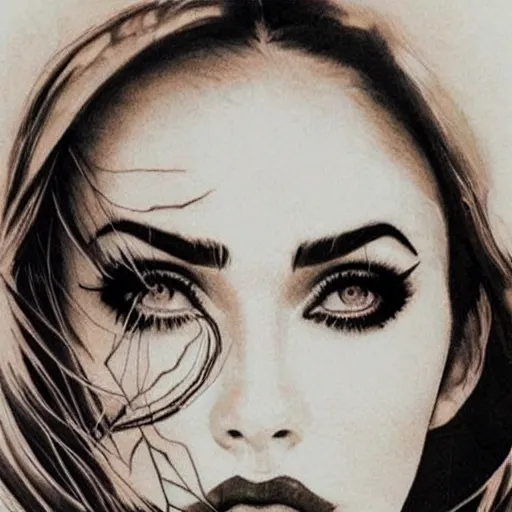 Image similar to megan fox face in the shape of beautiful mountains, double exposure effect, medium sized tattoo sketch, amazing detail, on pinterest