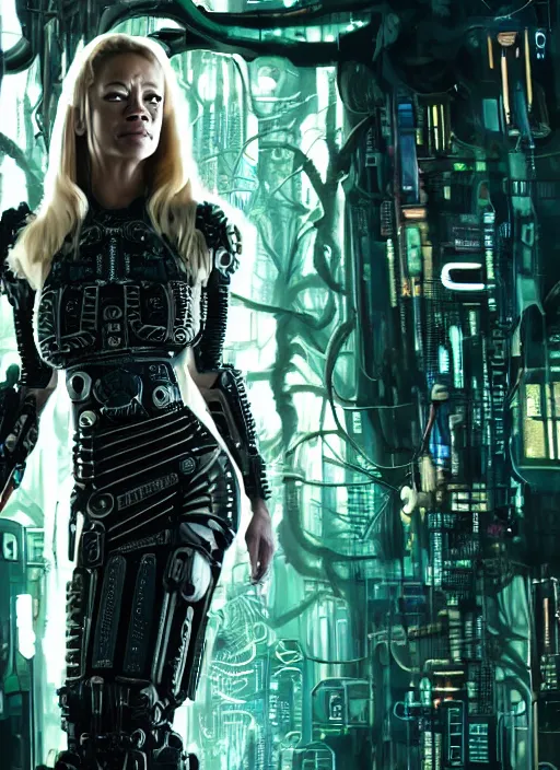 Image similar to 35mm portrait of an intricate and sophisticated borg with the face of Jeri Ryan , on the background of a weird magical mechanical forest. Round gears visible inside her hear. Very detailed 8k. Fantasy cyberpunk horror. Sharp. Cinematic post-processing