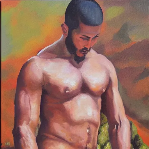 Image similar to “buff guy on mountain oil on canvas”