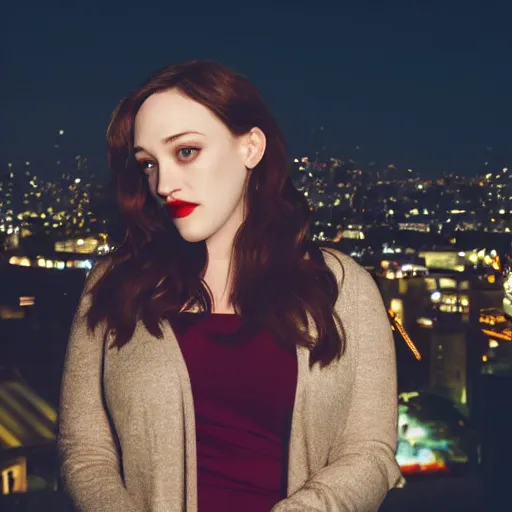 Image similar to a still of KAT DENNINGS. Shallow depth of field. City at night in background, lights, colors ,studio lighting, mood, 4K. Profession photography