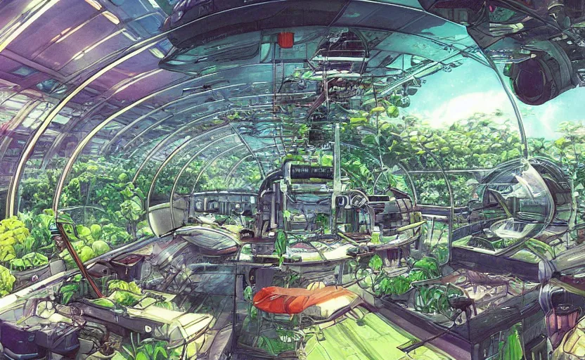 Prompt: lush greenhouse on a spaceship flying in space, concept art, by akira toriyama, artstation, digital art