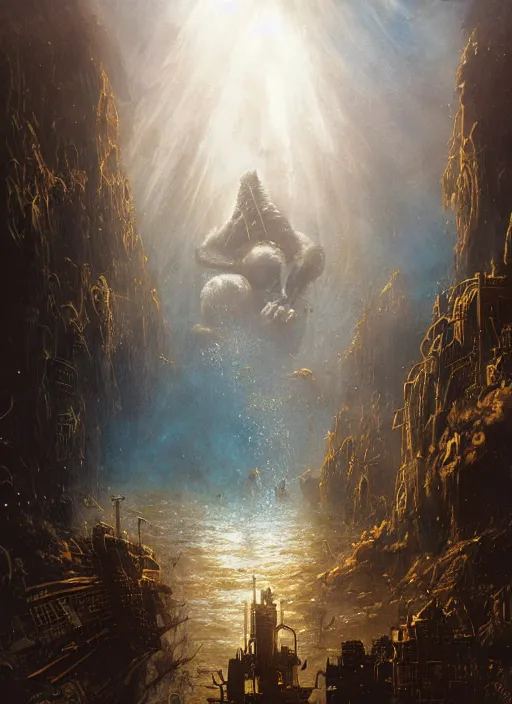 Prompt: kingkong destroying the city of atlantic underwater, a ray of sunlight, greg rutkowski, moebius, mohrbacher, frazetta, roy krenkel, boris vallejo, and manuel sanjulianblue, gold color scheme, ultra - wide angle, ultra - detailed, light effect, mystical, cinematic