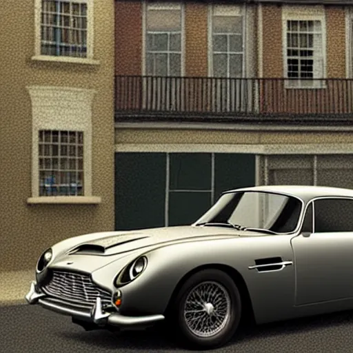 Image similar to a pencil sketch of anaston martin db 5, in a rich london mews residential street, medium range, studio ghibli, ( pixar ) and disney animation, sharp, very detailed, unreal engine 5 render, bloom, high resolution, anime key art by greg rutkowski