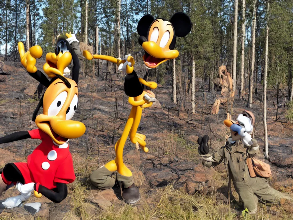 Prompt: disney's goofy trying to put out a wildfire somewhere in southern finland, smoky, ashes