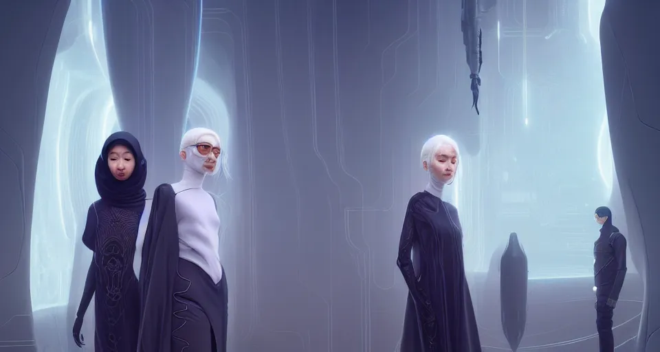 Prompt: portrait of yael shelbia and kang seul - gi, venus squid astronaut, burka, white hair, intricate design details. cyberpunk symmetrical facial, by ruan jia and beeple. smooth gradients, deep space.