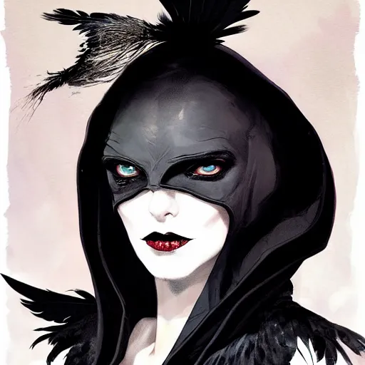 Image similar to portrait soft light, goth woman as mysterious supervillain in black hooded cloak and modestly clothed victorian goth, black feathers instead of hair, black wings instead of arms, gray mottled skin, black feathers growing out of skin, transforming, by frank mccarthy and conrad roset, inspired by flash gordon, paintbrush, rough paper, fine,