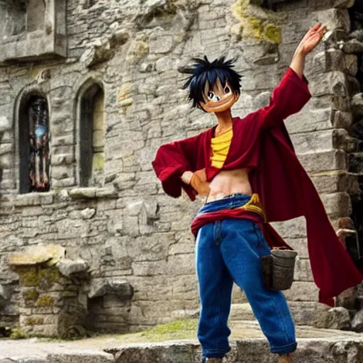 Prompt: luffy in the harry potter universe far away at some ruins from a castle. a wizard is already there and summons a portal that would take me back home.