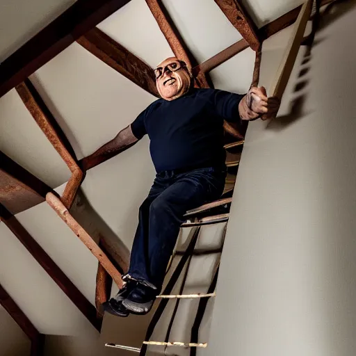 Image similar to danny devito climbing out of an attic ( sony a 7 r iv, symmetric balance, polarizing filter, photolab, lightroom, 4 k, dolby vision, photography awardm, voque, perfect face )
