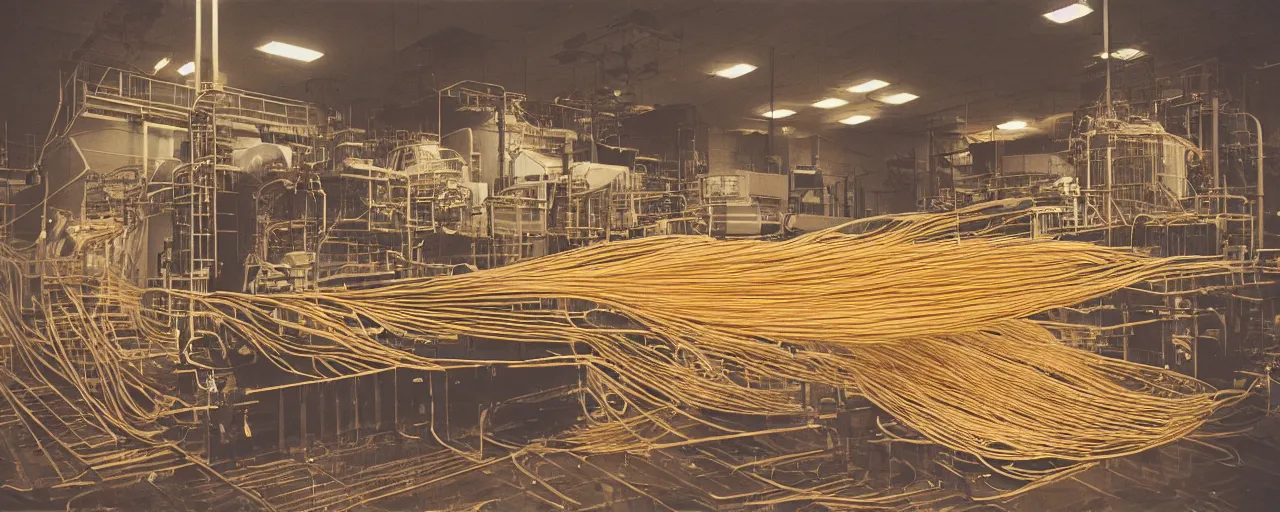 Image similar to a nuclear power plant made out of spaghetti, in a new jersey suburb, canon 5 0 mm, cinematic lighting, photography, retro, film, kodachrome