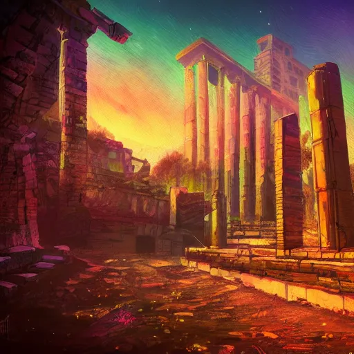 Image similar to neon ancient ruins,digital art,retrowave art,trending on art station