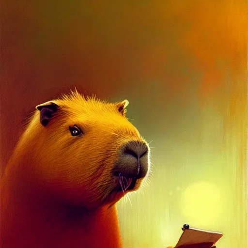 Prompt: portrait of a proud old capybara doctor working in a chemical lab, artwork by gaston bussiere, craig mullins, trending on artstation, capybara dressed as a scientist