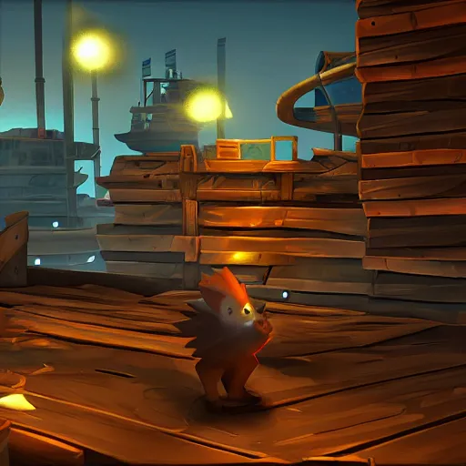 Image similar to hedgehog on a ship in seqa of thieves, game, screenshot, epic