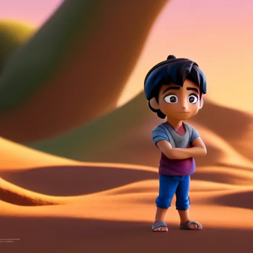 Image similar to profile view of young aladdin as nendoroid walking in a desert in the croods movie style, anime, disney, pixar, 8 k, hd, dof, kodak film, volumetric lighting, subsurface scattering, photorealistic, octane render, details