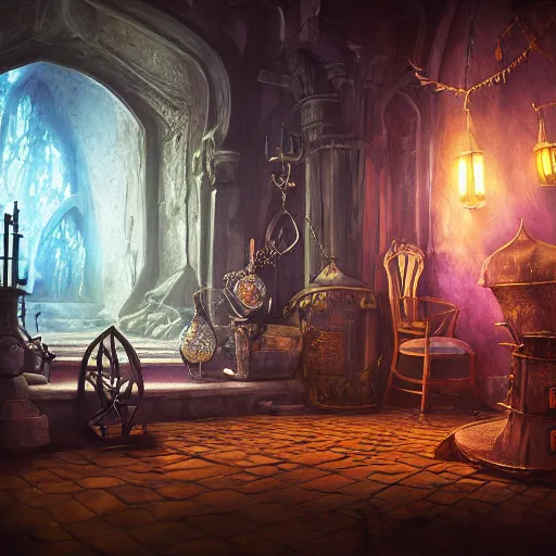 Prompt: inside a magical item shop, fantasy potion vendor interior, ufotable studio art style, gothic interior, 8K, octane render, unreal engine, dramatic lighting, cinematic, establishing shot, extremely high detail, foto realistic, cinematic lighting, post processed, concept art, high details, cinematic, 8k resolution, beautiful detailed, photorealistic, digital painting, artstation, concept art, smooth, sharp focus, artstation trending, octane render, unreal engine