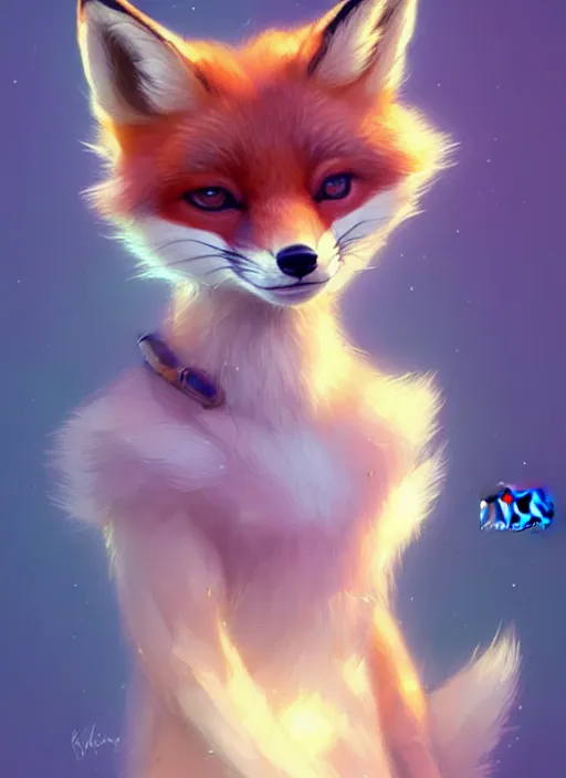 Image similar to cute little fox, surrounded by diamonds, blue, light pink, gold color scheme. highly detailed, artgerm, cushart krenz, artstation, soft light, sharp focus, illustration, character design, concept art