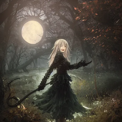 Image similar to goth woman in a moonlight view, in a forest, a river, tankoban, 4 k, tone mapping, akihiko yoshida, james jean andrei riabovitchev marc simonetti, yoshitaka amano, long hair, curly, h. hydrochaeri
