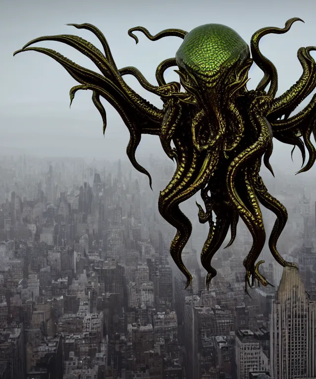 Prompt: metallic cthulhu - cybog hovering over a new york city. shiny, gradient lighting, detailed, full - body, concept art, hyper - realistic, octan render, 8 k