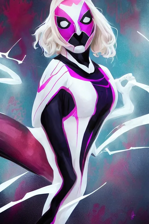 Prompt: evanna lynch as Spider-Gwen, original cover art, trending on artstation, art by Clayton Crain