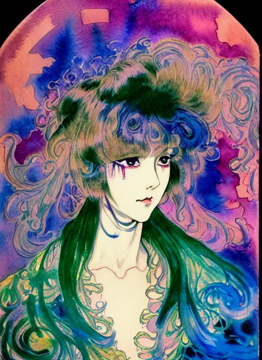 Image similar to vintage 7 0 s anime watercolor by yoshitaka amano, a portrait of a lady with colorful face - paint enshrouded in an impressionist watercolor, representation of mystic crystalline fractals in the background by william holman hunt, art by cicley mary barker, thick impressionist watercolor brush strokes, portrait painting by daniel garber, minimalist simple pen and watercolor