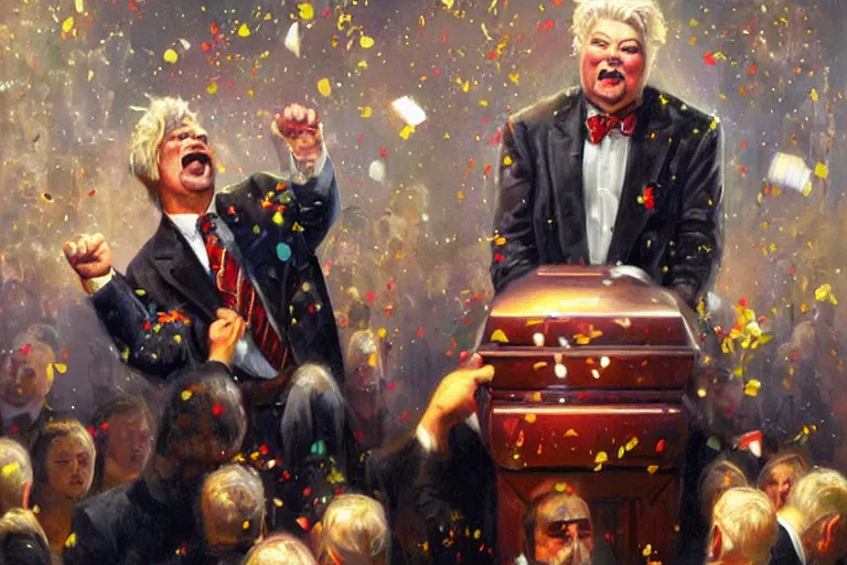 Image similar to portrait of rip taylor throwing confetti during a funeral service, an oil painting by ross tran and thomas kincade