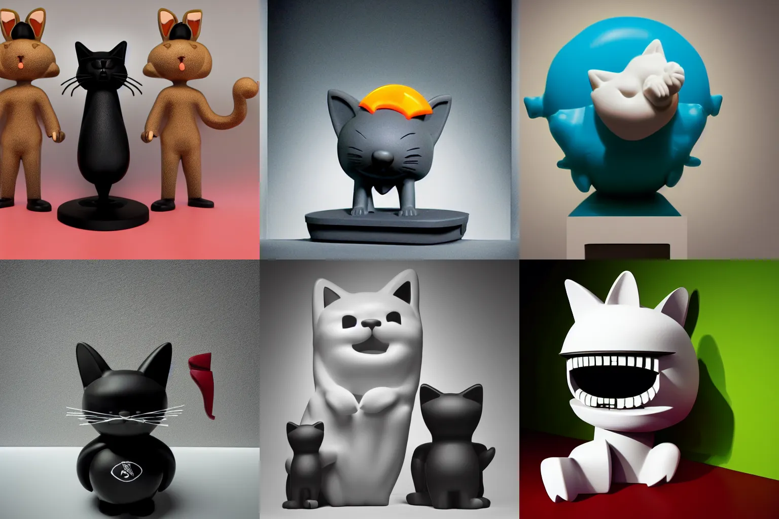 Prompt: A propaganda, plastic simple cat pictoplasma characterdesign toy sculpture, by david lachapelle, by jeff koons, in a black empty studio hollow, c4d, jonathan ivy