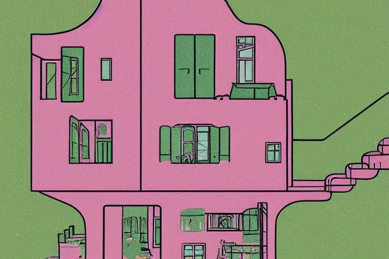 Image similar to a pink and green illustration of a cross section of a house, a storybook illustration by muti and tim biskup, featured on dribble, arts and crafts movement, behance hd, storybook illustration, dynamic composition