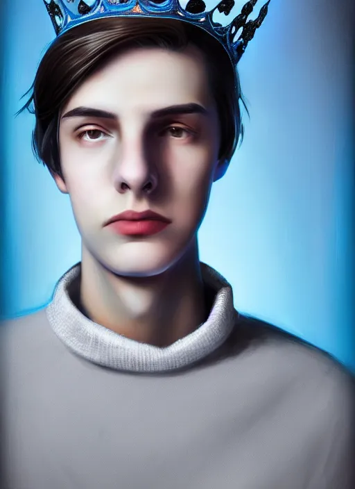 Image similar to portrait of teenage jughead jones wearing a light grey crown, crown, blue turtleneck, 1 9 5 0 s, closed eyes, photorealistic, black hair, glowing lighting, intricate, elegant, glowing lights, highly detailed, digital painting, artstation, concept art, smooth, sharp focus, illustration, art by wlop, mars ravelo and greg rutkowski