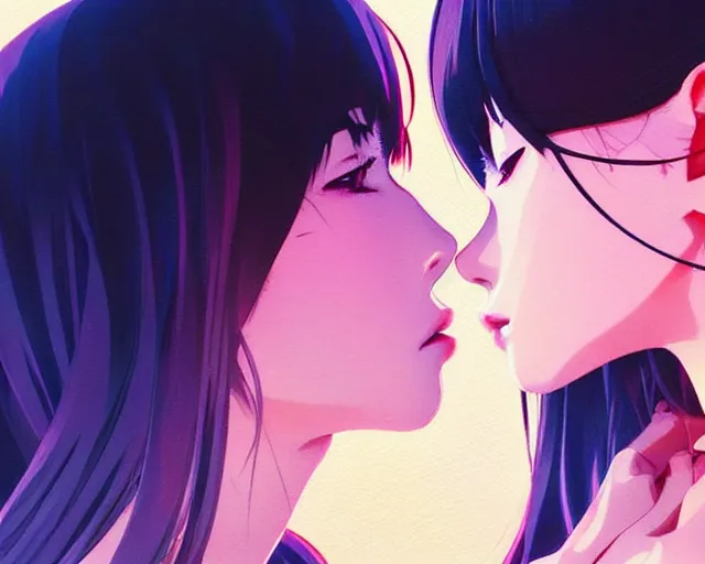 Image similar to two girls kissing | very very anime!!!, fine - face, audrey plaza, realistic shaded perfect face, fine details. anime. realistic shaded lighting poster by ilya kuvshinov katsuhiro otomo ghost - in - the - shell, magali villeneuve, artgerm, jeremy lipkin and michael garmash and rob rey