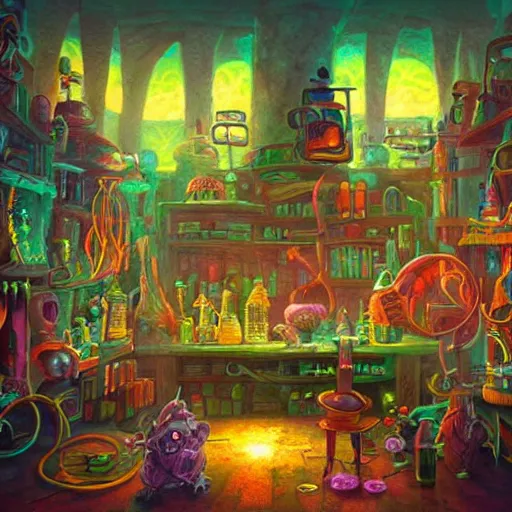 Prompt: these monsters are consumed by fire, yet they remain unharmed. they are surrounded by the tools of the alchemist's trade - beakers and test tubes full of colorful liquids, crystals, and books of ancient knowledge. the scene is suffused with an eerie glow, as if something magical is happening here.