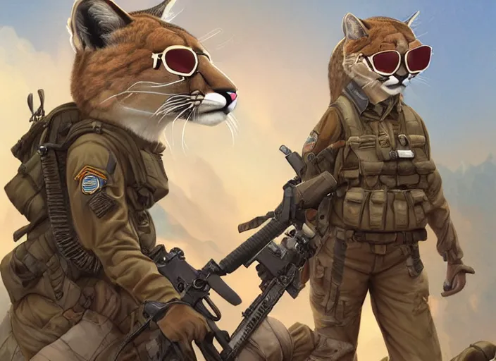 Prompt: character portrait feature of the anthro female anthropomorphic puma bobcat mountain lion fursona wearing aviator sunglasses soldier outfit uniform us special forces character design stylized by charlie bowater, ross tran, artgerm, and makoto shinkai, detailed, soft lighting, rendered in octane