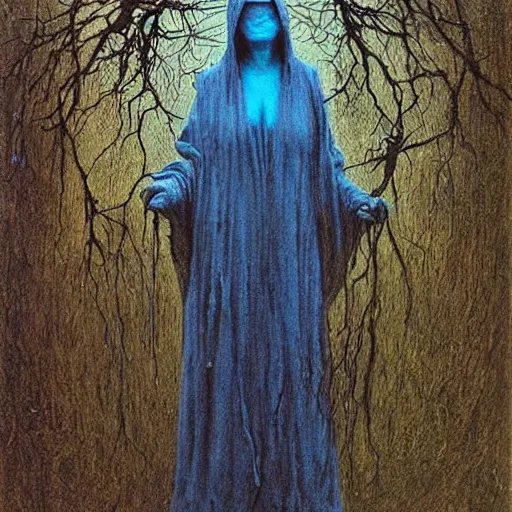 Prompt: a woman with blue skin, wearing a black robe with a black hood, wearing a crown made of twisted branches, by Beksinski