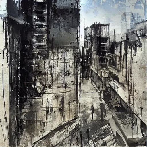Prompt: “matte painting of a war torn city by Guy Denning”