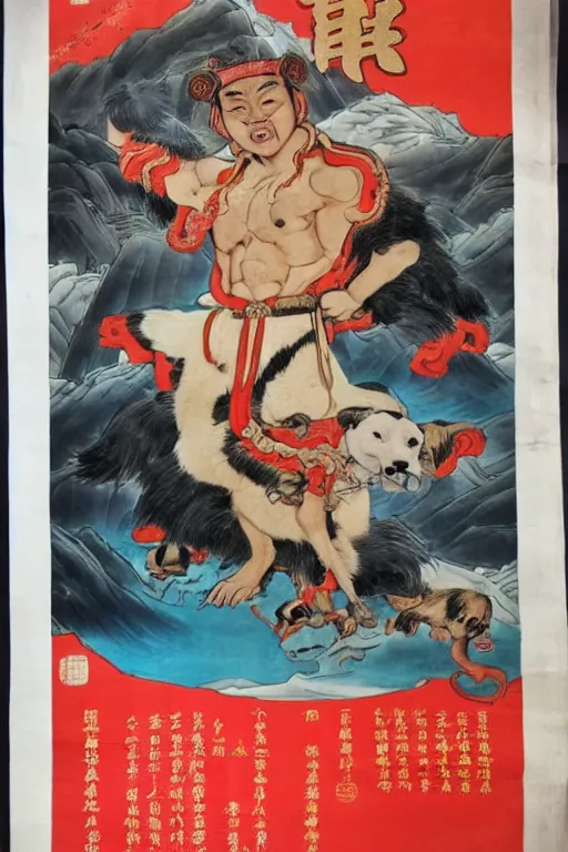 Image similar to chinese propaganda poster with dog as a god as the centerpiece, detailed face, gorgeous, amazing, flowing hair, very muscular male body