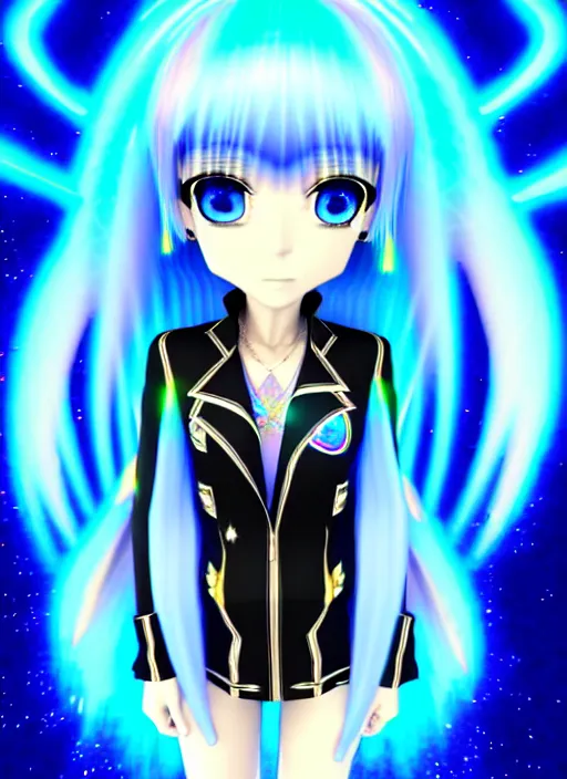 Prompt: a hologram of rimuru tempest, sky blue hair, golden eyes, wearing a black stylish jacket, pixiv 3 d render, holography, irridescent, covered by baroque bedazzled ornamental frames