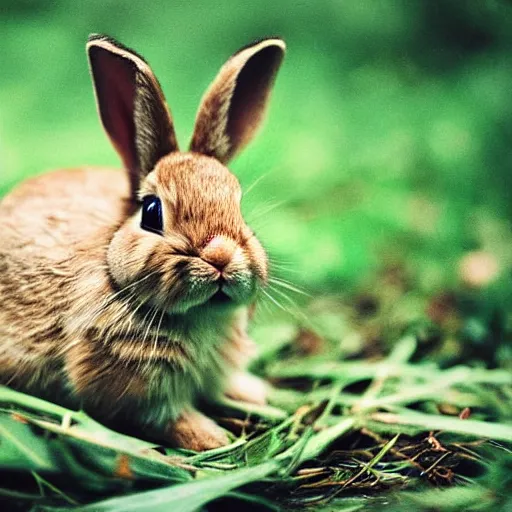 Prompt: little bunny in forest, photograph, 3 5 mm film, realistic, sharp image, depth of field,