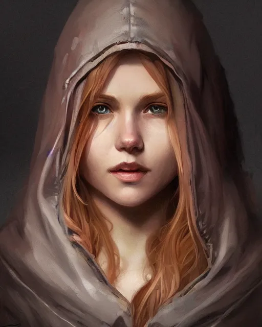 Image similar to Close-up portrait of smiling young nordic girl wearing hood, dark fantasy, portrait, highly detailed, digital painting, artstation, concept art, sharp focus, illustration, art by artgerm and greg rutkowski and alphonse mucha