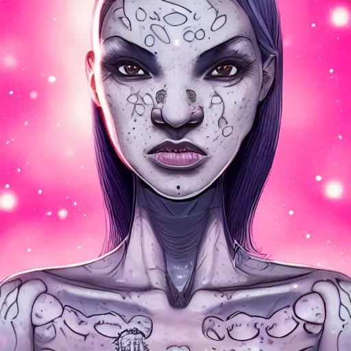 Image similar to Beautiful alien woman with gray skin. with pink eyes. Tattoos on the face. standing on the track. Night light. Digital art. Super detail, 4k, wow, artstation trending, smoke