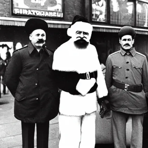 Image similar to stalin standing outside mcdonalds, dressed as santa, color historical photo